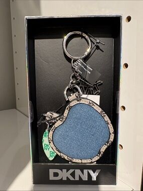 DKNY Blue Denim Heart Keyring with Snake-Print Trim
